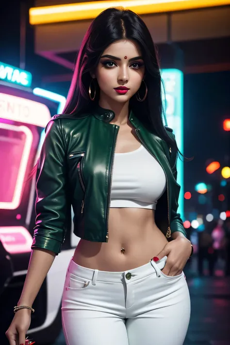 
" Ultra-realistic image of a beautiful young woman with straight hair , dressed in a GREEN sari in a modern and elegant style, combined with a sleeveless leather jacket that provides a unique and contemporary touch. She wears tight white pants ,  that con...