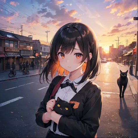 ((City in Ruinsを調査する女の子:1.5))、(( she is carrying an orange backpack))、((Wearing khaki work clothes ))、(( wearing khaki work pants ))、((sweat))、((Sunset sky:1.5))、( a bright red sunset )、(最高masterpiece、 photorealistic showing the subject from directly above...