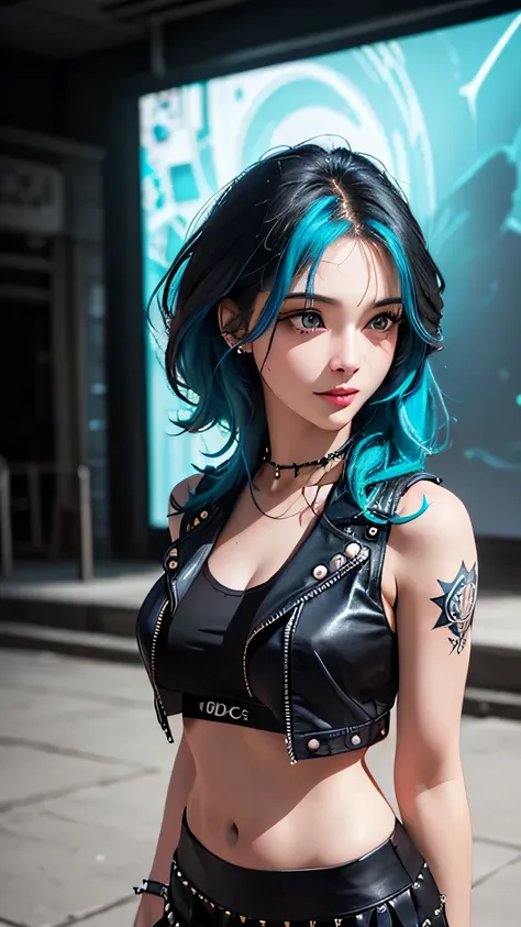 (cabelo azul e azul claro turquesa:1.2), cobalt hair, long bob hair, shoulder length hair, short hair,highest quality, 4K, High resolution, masterpiece:1.2, Super detailed, (Realistic, Realistic, Photorealistic:1.6), Vibrant, green eyes，Strong gaze，Seducti...