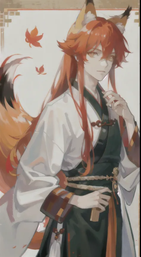 crossdressing,tsurime,orange eyes,fox_ears,Fox tail,red_hair,Low-tied long hair,hanfu,1boy