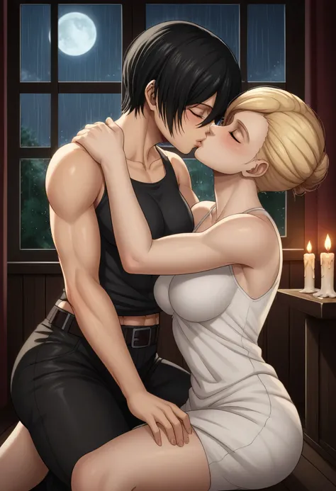 score_9, score_8_up, score_7_up, BREAK source_anime, historia reiss, blue eyes, blonde hair, long hair, medium breasts, long white dress sleeveless,female black hair soldier hugs historia,Mikasa with historia hugs,mikasa wreanig sport tank top and black co...