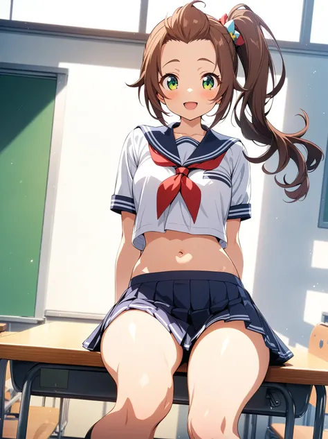 virtual idols, masterpiece, best quality, very aesthetic, detailed anime, 1girl, JK, detailed green eyes, tareme, half opened mouth, smile, dark brown hair, silky hair, (hair pulled back), side ponytail, contrapposto, (sitting on the desk with legs togethe...