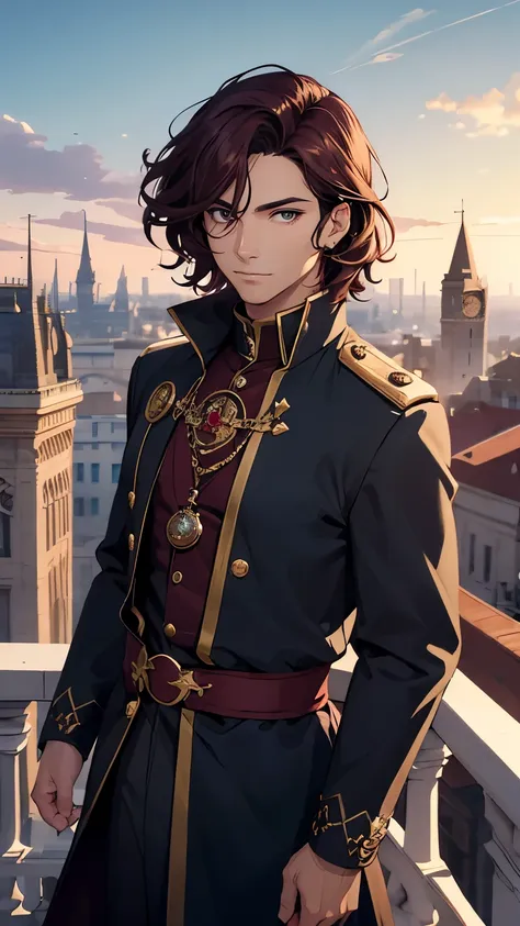 a man with short and wavy dark burgundy hair , ojos de color verde,  beautiful face, he is a prince of time ,  manages dimension...