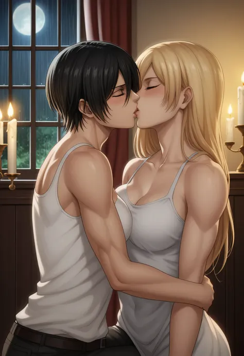 score_9, score_8_up, score_7_up, BREAK source_anime, historia reiss, blue eyes, blonde hair, long hair, medium breasts, long white dress sleeveless,female black hair soldier hugs historia,Mikasa with historia hugs,mikasa wreanig sport tank top and black co...