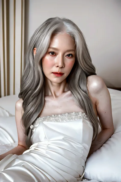 a beautiful woman in her 50s with long white hair and a slender figure lying on a bed in a wedding dress, shyly looking at the viewer and spreading her legs, detailed face, detailed eyes, detailed lips, detailed skin, detailed wedding dress, bedroom interi...