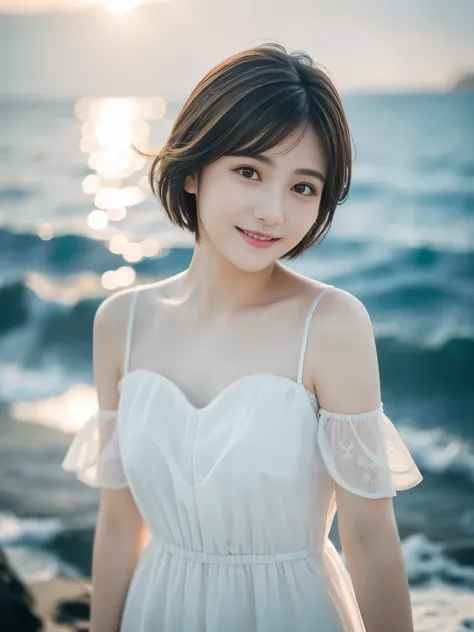 blurred sea background, gentle smile, looks very happy, masterpiece、short hair, facing the camera, Best Quality、Genuine、 very detailed、Subtle details、 high resolution on down、8k wallpaper、Beautiful girl、Wear white dress、noon、Light brown messy hair、 perfect...