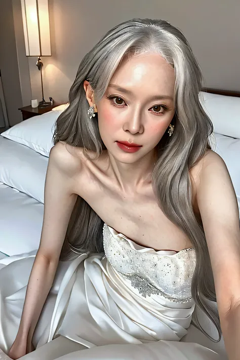 a beautiful woman in her 50s with long white hair and a slender figure lying on a bed in a wedding dress, shyly looking at the viewer and spreading her legs, detailed face, detailed eyes, detailed lips, detailed skin, detailed wedding dress, bedroom interi...