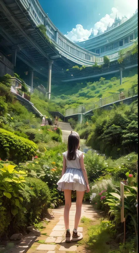 " A girl with a strange sense 、 explores an alien planet overgrown with bright chrome vegetation. Surreal landscapes and plants、It creates a striking contrast to our space-age paradise..
 sideways