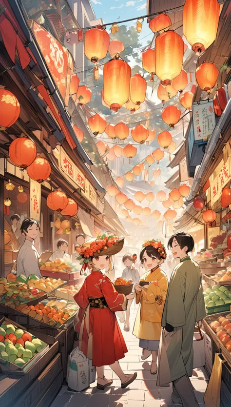 A highly detailed and cheerful scene titled ren’s Exciting Tết Shopping Adventure. The illustration captures a lively and colorful market street during the Tết (Lunar New Year) shopping season in Vietnam. The street is filled with vibrant red and yellow de...