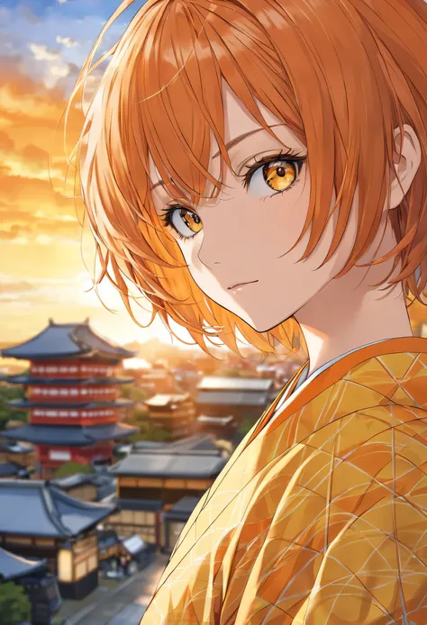  cool adult woman 、 orange short hair and yellow eyes、 Bakumatsu Clothes、Kyoto Background 、( face close-up )、Patriots 