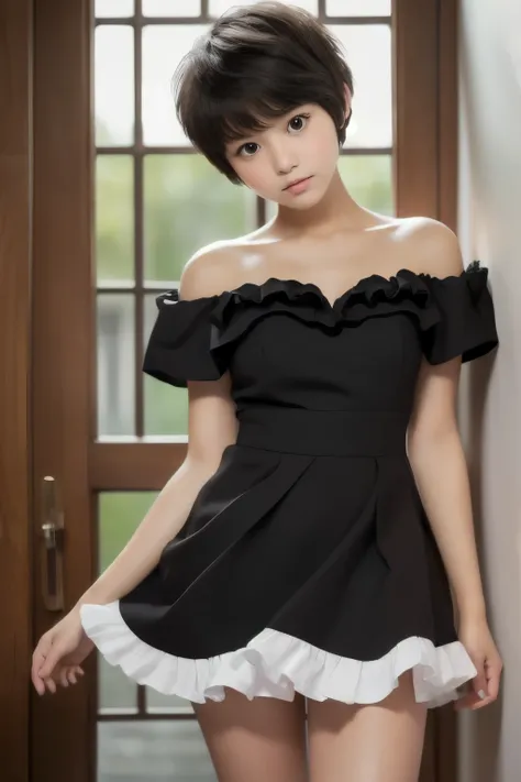 super high definition 、 real photo、１８baby-faced woman with short cut hair、petite、idol frill miniskirt、bare legs、 high heels、