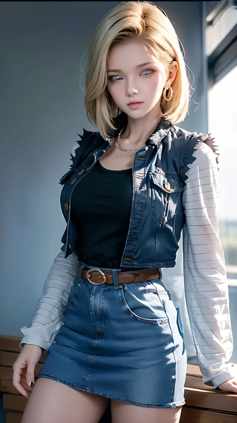 Android 18, Light Blonde hair, Medium hair shaggy cut for women, Blue Transparent eyes of Slavic Caucasians, She has sexy double eyelids above and below her eyes, The flash in the eyeballs is brilliant, She is not wearing any jewelry such as a necklace aro...