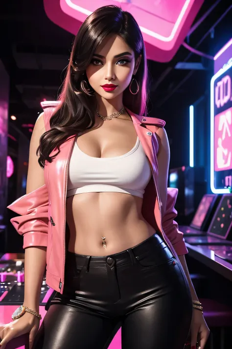 
" Ultra-realistic image of a beautiful young woman with straight hair , dressed in a pink sari in a modern and elegant style, combined with a sleeveless leather jacket that provides a unique and contemporary touch. She wears tight white pants ,  that cont...