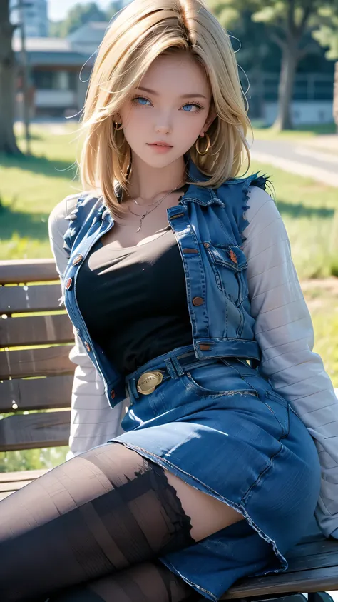 Android 18, Light Blonde hair, Medium hair shaggy cut for women, Blue Transparent eyes of Slavic Caucasians, She has sexy double eyelids above and below her eyes, The flash in the eyeballs is brilliant, She is not wearing any jewelry such as a necklace aro...