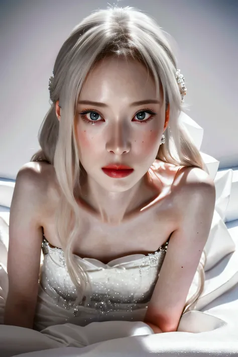 beautiful middle aged woman in a wedding dress, long white hair, slender body, lying on a bed, shy expression, spreading her legs, looking at the viewer, detailed face, (best quality,4k,8k,highres,masterpiece:1.2),ultra-detailed,(realistic,photorealistic,p...