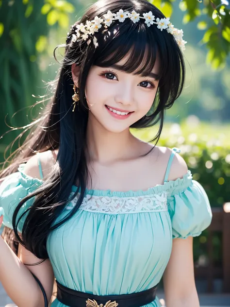  best quality　masterpiece　 Details　Close up of a super cute girl smiling　 black hair　Photo style　Artistic　 Fantasy 