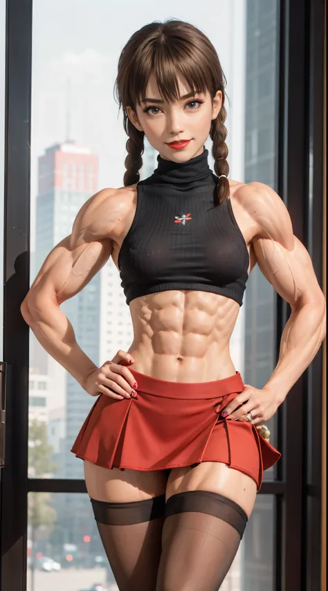 (muscular:2.5), (thick thighs:2.2),
(asian female:1.4), (big smile:1.5), (blunt bangs), twin braids, (black hair:1.8),
(red lipstick, eyeshadow, red lips, beauty mark:1.5),
(small breasts:2), (hard nipples:1.2),
(turtleneck:2), (skirt:1.6), (black pantyhos...