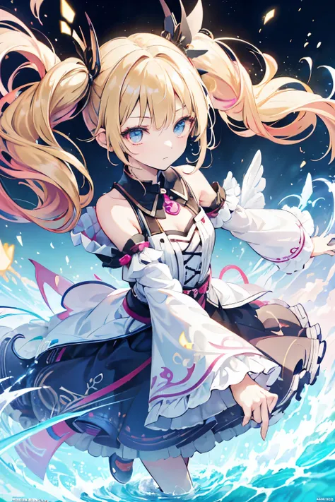  close-up of one girl with long hair in a dress, Holographic, Also,  official artwork ,   Anime Moe Art Style , Sakimican ,  rena noun style 3 /4,  fan art ,  Splash Art Anime Lori , zerochan Art, twin tails, Blonde,  hair that flutters like,  hair hanging...