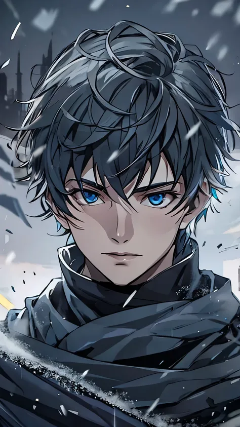  fair-skinned young man ,  short black hair and blue eyes ,  he wears black medieval clothes and a black winter tunic with skin for snow, wears black gloves, Cold expression, He is on the top of a snowy mountain 