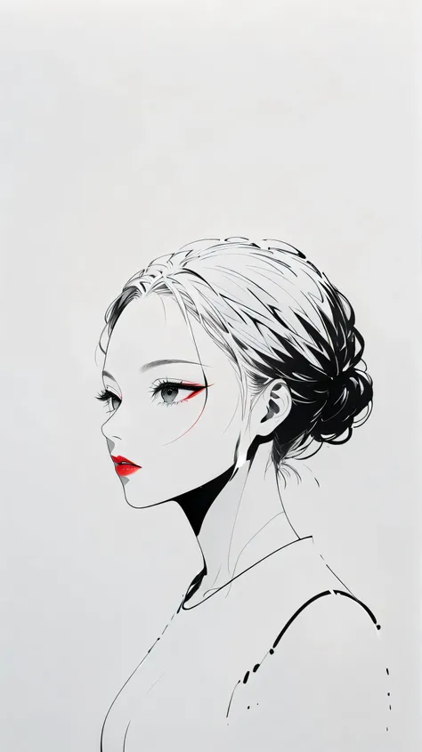 master piece:1.5、(minimal art, line drawing), woman、Black and white art:1.2、lips are red、Black and white world、silence、An ennui look、Densely drawn