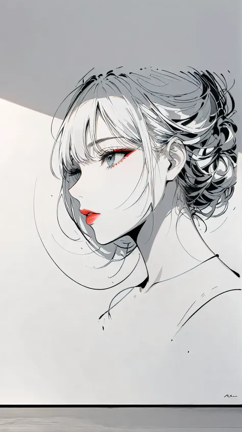 master piece:1.5、(minimal art, line drawing), woman、Black and white art:1.2、lips are red、Black and white world、silence、An ennui look、Densely drawn