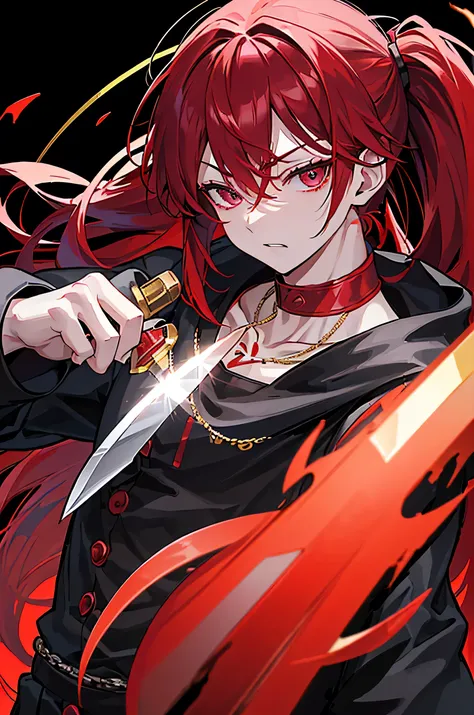 Executioner、Alone、The embodiment of evil、((male、Dark Eyes、Red Hair))、( black tattoo on face 、Tattoo on neck)、((red jacket )、(( zoom up))、(Delicate face)、((Alone、male))、 adult male sex、Stand in front、(((Holding a knife)))、((( black background without lights...