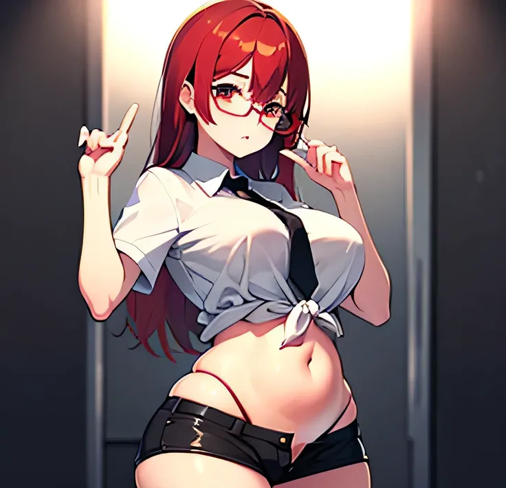  A hot white-skinned girl/pale, red-haired, tied hair.  Wear red rectangular glasses, big breasts,  brown eyes, wearing a blouse showing the belly and short shorts.