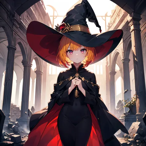 masterpiece,  best quality,  perfect face,  highest resolution,  1 girl, young, Yellow red color hair, garnet color eyes, slender body,  Fantasy , witch, underground caverns, Ruins