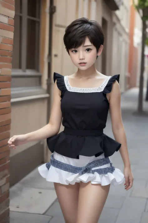 super high definition 、 real photo、１８baby-faced woman with short cut hair、petite、idol frill miniskirt、bare legs、 high heels、