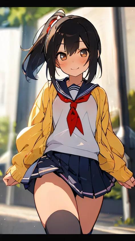 ( elementary school girl:1.3)、 black hair、 ponytail、Laughter、((Feminine charm、Pervert girl))、 school uniform, Seraph,  Pleated Skirts,  sailor collar ,  white shirt, ( Yellow Cardigan ), 