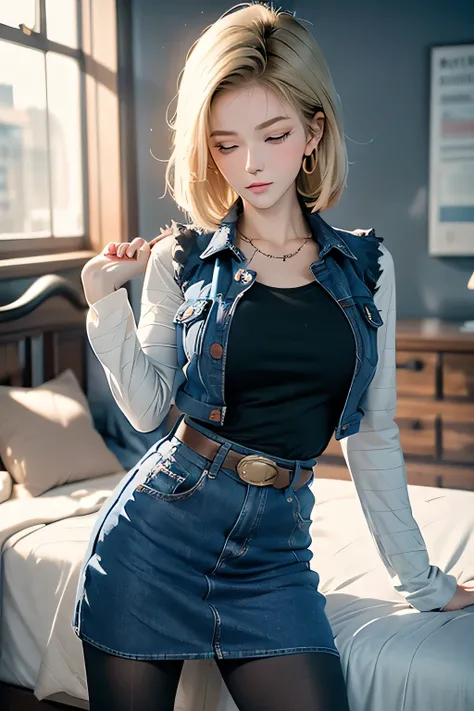 (best quality:1.3),(awesome amazing detailed:1.3), (Android 18 lying back down on bed:1.3),(large breasts:1.1),light smile,(half-closed eyes:0.9),(blush:1.5),(wearing Black t-shirt and mini denim blue skirt and pantyhose:1.1),bow legs, BREAK (infirmary bed...