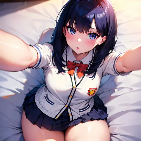  One Woman 、Takarada Rikka、 best quality、8k、Blue Eyes（ detailed eyes on board：1.2）、（ Blushing ）、 black miniskirt 、break、（white cardigan 1.5）、break、 school uniform,Thighs、（ on a white bed：1.5）、 lies down、（Lying on your back：1.5） cowboy shots、 (  Perfect Han...