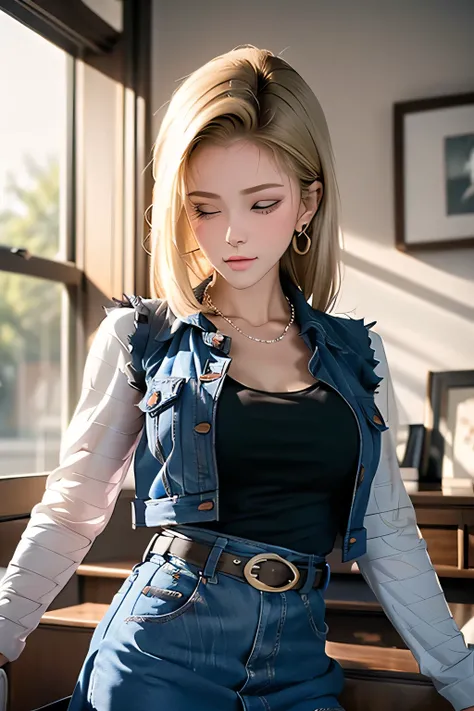 (best quality:1.3),(awesome amazing detailed:1.3), (Android 18 lying back down on bed:1.3),(large breasts:1.1),light smile,(half-closed eyes:0.9),(blush:1.5),(wearing Black t-shirt and mini denim blue skirt and pantyhose:1.1),bow legs, BREAK (infirmary bed...