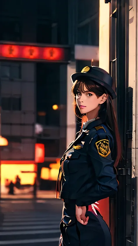 Female police officers patrolling the downtown area at night when the neon lights shine brightly