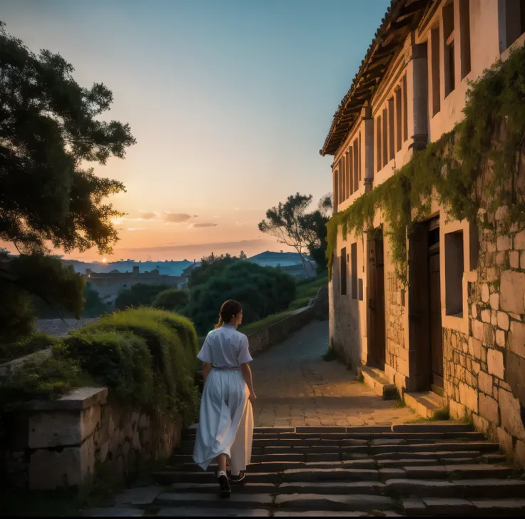 8K quality, Masterpiece,  Bright Artistic Dusk Lighting,  super real ,  high chroma, Ancient fortified city landscape pictures,  forest, High ground, (Back view of climbing stairs:1.2), (Ass:1.2), White clothes