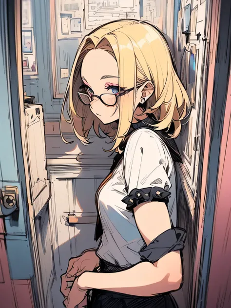 sideview,solo,upperbody, glasses,35years old,(blonde straight flipped spiky medium hair), (open side parted big forehead), older sisters features, eyeshadow, makeup, open blouse, tight miniskirt, indoors, looking at me, intelligent and classy, (manga style...