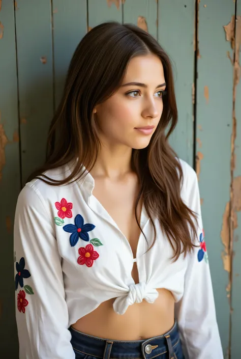 portrait of a young woman with long, wavy brown hair, wearing a white blouse with floral embroidery in red and blue. the blouse ...