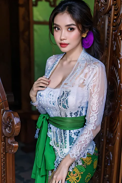 1 Indonesian-belgium girl, 25 years old, updo hair, green cupper hair colour, fit body, big breast, cleavage, skintight purple lace kebaya, batik long skirt, masterpiece, highly detailed, ultra hd, 8k, detailed face, bright eyes, perfect eyes, detailed ski...