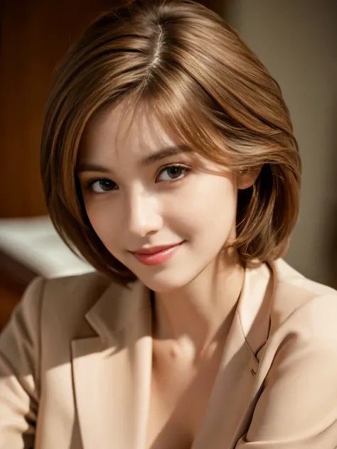 on the table, best quality, Realistic, super detailed, down to the last detail, High resolution, 4k wallpaper, 1 beautiful woman,, light brown messy hair, wore a suit, fix a sharp focus, perfect dynamic composition, beautiful and delicate eyes, delicate ha...