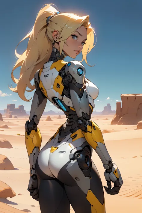 high quality, 4k, masterpiece, beautiful, cyborg girl, cowboy shot, dull eyes, back side, turning around to look at viewer, long blonde hair, girl, small breasts, fit thigh, robotic arms, robotic body, cyborg body, yellow accent, redaccent, intricate detail, joint, detailed lines, robotic detail, holding fist up, holding hand up as fist, color robotic parts, robotic parts with color, perfect fingers, on a desert planet, sunny background, colorful desert,