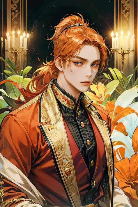 male with short ponytail style dark orange hair, red big eyes, bigy body, big face, long oval face, masculine body, malay style, golden red suit, royal palace, charming eyes, accurate, masterpiece