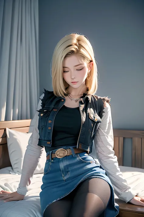 (best quality:1.3),(awesome amazing detailed:1.3), (Android 18 lying back down on bed:1.3),(large breasts:1.1),light smile,(half-closed eyes:0.9),(blush:1.5),(wearing Black t-shirt and mini denim blue skirt and pantyhose:1.1),bow legs, BREAK (infirmary bed...