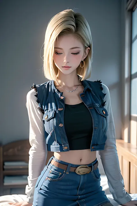 (best quality:1.3),(awesome amazing detailed:1.3), (Android 18 lying back down on bed:1.3),(large breasts:1.1),light smile,(half-closed eyes:0.9),(blush:1.5),(wearing Black t-shirt and mini denim blue skirt and pantyhose:1.1),bow legs, BREAK (infirmary bed...