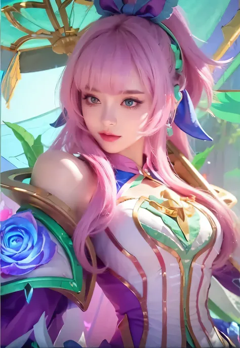 (best quality,ultra-detailed,realistic:1.37),vibrant colors,HDR,studio lighting,sharp focus,close-up,blue-haired woman,weapon,umbrella,Instagram model,Artgerm,Seraphine,Ahri,KDA,attention to detail.