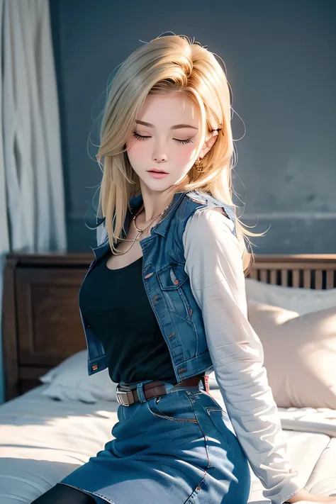 (best quality:1.3),(awesome amazing detailed:1.3), (Android 18 lying back down on bed:1.3),(large breasts:1.1),light smile,(half-closed eyes:0.9),(blush:1.5),(wearing Black t-shirt and mini denim blue skirt and pantyhose:1.1),bow legs, BREAK (infirmary bed...