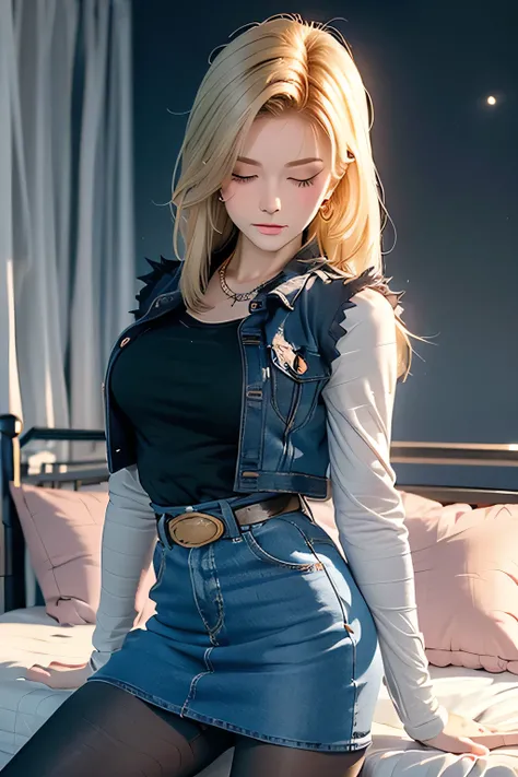 (best quality:1.3),(awesome amazing detailed:1.3), (Android 18 lying back down on bed:1.3),(large breasts:1.1),light smile,(half-closed eyes:0.9),(blush:1.5),(wearing Black t-shirt and mini denim blue skirt and pantyhose:1.1),bow legs, BREAK (infirmary bed...