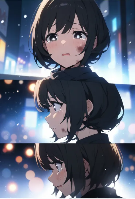 masterpiece,  better quality,  1girl, broken_(oqo )  official art , fromтенки серого, manga style , Japanese,  chi no wadachi ,  black eyes ,   glowing white pupils  , street, frozen,  ulybka,  black hair , school bag, cries, tears, tears пfromоковое вещан...