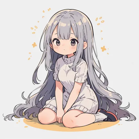 
best quality, amazing intricate, cute girl, round eyes, heartwarming, sleepy, medium breast, (silver long hair) and (silver eyes), from front, whole body, sitting, sitting on the floor, She is wearing a knit dress, White background, simple background