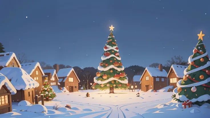 cobertura de neve, in a panoramic view, frente , studio ghibli christmas , landscape
