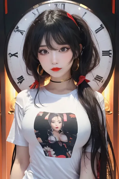 Ultra-detailed、Hanfu Chinese female celebrity wearing a tight white shirt with a black square print, red lips, long silky black hair, red hair band, perfect swept bangs, gold earrings, attractive beauty, long black eyelashes, seductive young skinny woman、p...